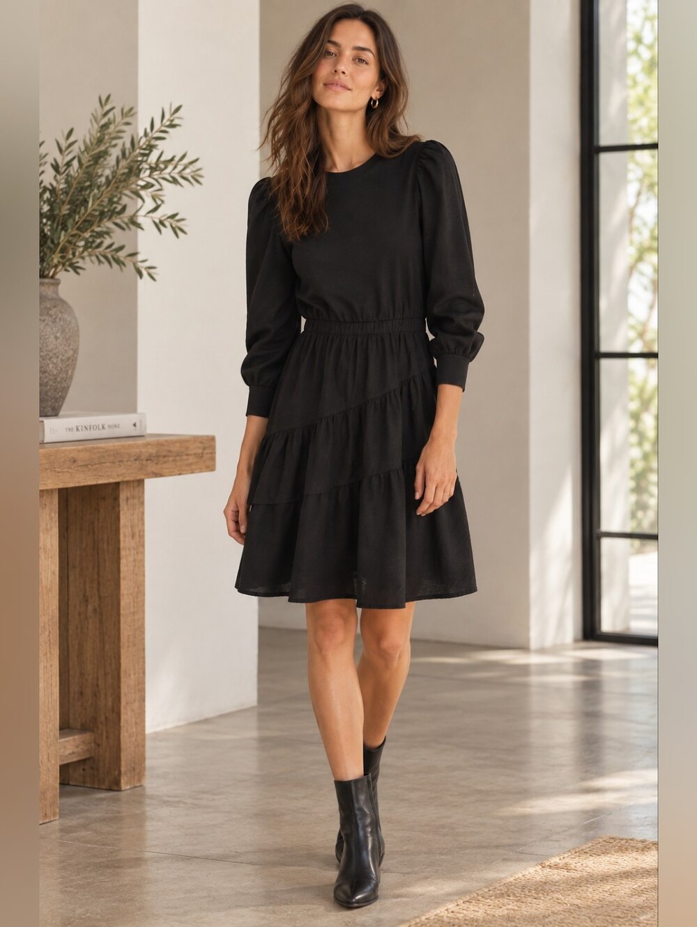 Nation LTD Black Cotton Tiered Dress XS Puff Sleeve Crew Neck Peru Neutral